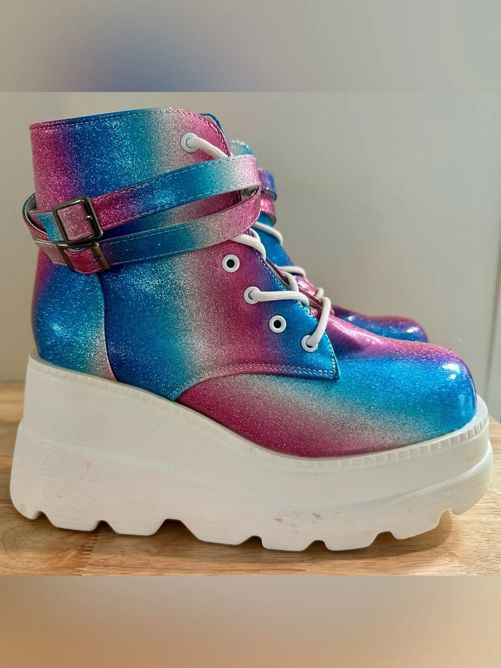 Glitter Gradient Platform Ankle Boots — Blue & Pink